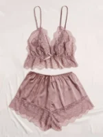 Lace Trim Cami Top With Satin Shorts Pajama Set For Women - Image 3