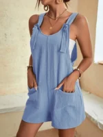 Women Summer Casual Short Rompers Elegant Solid Sleeveless Tie Knot Strap Jumpsuits - Image 2