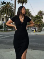 Kliou Elegant Office Lady Maxi Dress Women Solid Fashion Turn-down Collar Short Sleeve - Image 6