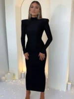 Shoulder Padded Long Sleeve Bodycon Green Long Dress - Image 3