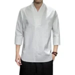 Shirts Men Solid Pullover V Neck Three Quarter Mens Kimono Shirts Traditional Streetwear