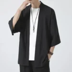 Men's Japanese Kimono Shirts Casual Open Stitch Lightweight Yukata Fashion Black Cardigan