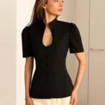 Stand Collar Single Breasted Women Blazer Fashion Solid Short Sleeve