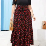 Plus size summer round neck dress with puff sleeves, short sleeves, ruffled hem, slim waist
