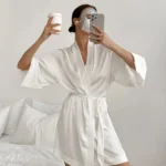 Women Wedding White Bride Robe Morning Gown 3/4 Sleeve Sleepwear Loose Nightgown