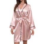Womens Sexy Satin Robe Long Sleeve V Neck Short Kimono Contrast Piping Belted Sleepwear