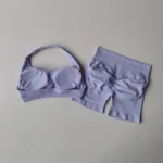 Sexy Halter Neck Beautiful Back High Waist Peach Sports Bras Shorts Suit Sets - Image 2