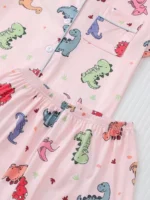 Women Short Sleeve Lapel Pajama Set Dinosaur Print Sleepwear Loungewear - Image 6