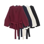 Spring Women Shoulder Pad Belt Knit Blazer Women Retro V-neck Long Sleeve