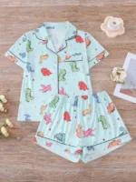 Women Short Sleeve Lapel Pajama Set Dinosaur Print Sleepwear Loungewear - Image 2