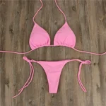 Pink Swimsuit Bikini Women Solid Color Sexy High Leg Thong Swimwear - Image 5