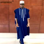 African Clothing for Men Dashiki Agbada Shirts Pants and Tribal Hat 3 Piece Set - Image 2