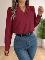 Women's Elegant Business Office Blouse Layered V Neck Long Sleeve - Image 3