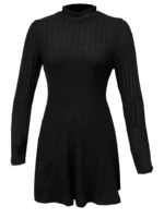 Women's slim fit half high collar waist cinched A-line skirt long sleeved pit stripe dress - Image 3