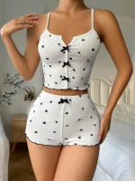 Sexy Heart Print Pajama Set for Women Sleepwear Silk Stain V-Neck - Image 4