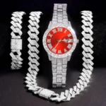 3pcs Men's Silver Watch Set Hip-hop Punk Inlay Diamond Watch+Cuban Chain+Bracelet