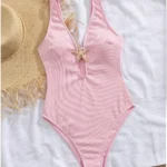 Pink One Piece Swimsuit 2026 Women Metal Starfish Ornament Hollow Out V Neck