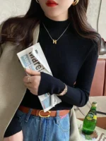 Autumn Winter Mock Neck Women Sweater Vintage Casual Slim Pullover Sweaters - Image 6