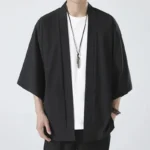 Men's Japanese Kimono Shirts Casual Open Stitch Lightweight Yukata Fashion Black Cardigan - Image 2