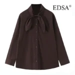 EDSA Women Shirt with Tie Single Breasted Long Sleeves for Office Lady High Street All Match Tops